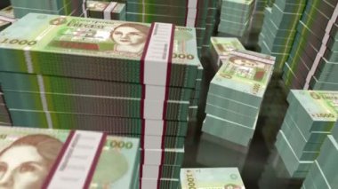 Uruguay parası Uruguay pezosu paket döngüsü. 3D uçuş 1000 'den fazla UYU banknotları kuleleri istifliyor. Döngüsüz, soyut iş dünyası, ekonomi krizi ve finans kavramı.