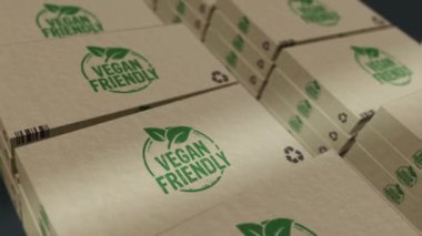 Vegan dostu sağlıklı beslenme kutusu üretim hattı. Organik vejetaryen biyolojik gıda karton paket fabrikası. Soyut konsept 3D döngüsüz dikişsiz animasyon.
