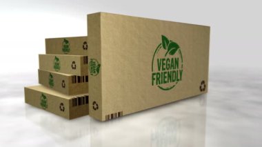 Vegan dostu sağlıklı beslenme kutusu. Organik vejetaryen biyolojik gıda karton paket soyut konsept animasyon. Kamera hareket ederken 3 boyutlu görüntü.