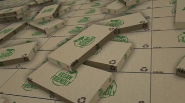 Vegan dostu sağlıklı beslenme kutusu üretim hattı. Organik vejetaryen biyolojik gıda karton paket fabrikası. Soyut konsept arkaplan 3d döngüsüz dikişsiz.
