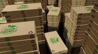 Vegan dostu sağlıklı beslenme kutusu üretim hattı. Organik vejetaryen biyolojik gıda karton paket fabrikası. Soyut kavram 3D döngüsüz dikişsiz.