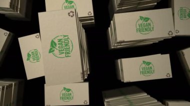 Vegan dostu sağlıklı beslenme kutusu üretim hattı. Organik vejetaryen biyolojik gıda karton paket fabrikası. Soyut kavram 3D döngüsüz dikişsiz.