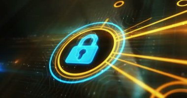 Asma kilit sembollü dijital konseptli siber güvenlik ve bilgisayar veri koruması. Siber teknoloji ve bilgisayar ağı arkaplanı soyut 3d canlandırması.