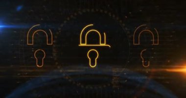 Asma kilit sembollü siber güvenlik ve bilgisayar veri koruması soyut dijital kavram. Siber teknoloji ve bilgisayar arkaplan çizgisi kusursuz ve döngülü animasyon.