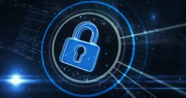 Asma kilit sembollü dijital konseptli siber güvenlik ve bilgisayar veri koruması. Siber teknoloji ve bilgisayar ağı arkaplanı soyut 3d canlandırması.