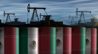 Meksika petrol ham petrol varilleri sıra konsepti. Meksika petrol işi ve yakıt çıkarma endüstriyel konteynırlar 3 boyutlu illüstrasyon.