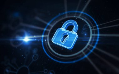 Asma kilit sembollü dijital konseptli siber güvenlik ve bilgisayar veri koruması. Ağ, siber teknoloji işareti ve bilgisayar arkaplan soyut 3d resimleme.