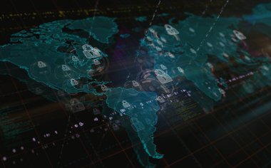 Dünya haritasında asma kilit sembollü siber güvenlik ve bilgisayar veri koruması. Teknoloji konsepti 3D illüstrasyon.