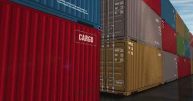 Kargo taşımacılığı ithalat kargo konteynırları sorunsuz ve geri dönüşümlü iş konseptinde. Uluslararası ticaret endüstriyel nakliye kutusu 3D döngü.