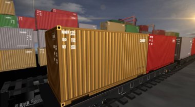 Bir yük vagonunda kargo taşımacılığı ithalat konteynırları. Uluslararası ticaret 3D illüstrasyon ile demiryolu tren taşımacılığı ve nakliyat iş kavramı
