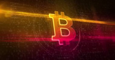 Bitcoin kripto blok zinciri ve soyut dijital arkaplanda dijital para teknolojisi sembolü. 3D parlayan simge siber teknoloji konsepti animasyon.