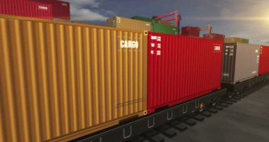 Kargo nakliye ihracat konteynırları yük vagonları döngüsünde. Demiryolu tren taşımacılığı ve uluslararası ticaret ile nakliyat işi. 3B döngü ve kusursuz canlandırma.