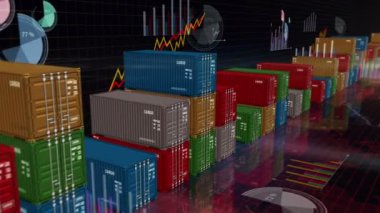 Çizelge ve diyagramlar üzerinde kargo taşımacılığı ihracat konteynırları sorunsuz ve geri dönüşümlü iş konsepti. Uluslararası ticaret endüstriyel nakliye kutusu 3D döngü.