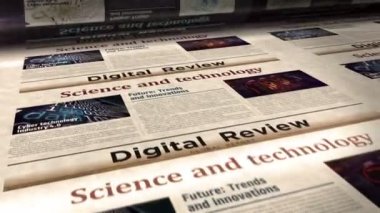 İş dünyasındaki bilim ve teknoloji yeniliği günlük gazete rulosu basımı. Soyut konsept retro başlıklar 3d kusursuz döngülenmiş.