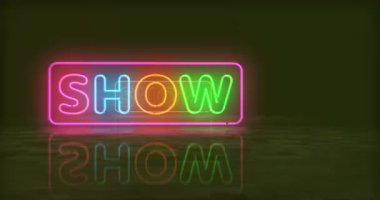 Zaman olay neon sembolünü göster. Renkli ampuller. Gösteri zamanı soyut, kusursuz ve döngüsel konsept. 3D tünel animasyonunda uçuyor..