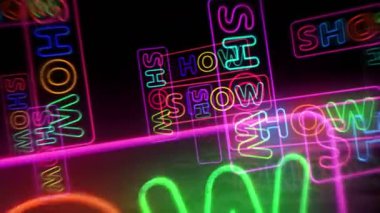 Zaman olay neon sembolünü göster. Renkli ampuller. Gösteri zamanı soyut, kusursuz ve döngüsel konsept. 3D tünel animasyonunda uçuyor..