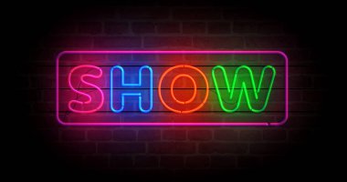 Zaman olay neon sembolünü göster. Gösteri zamanı, hafif renkli ampuller. Soyut konsept 3d illüstrasyon.