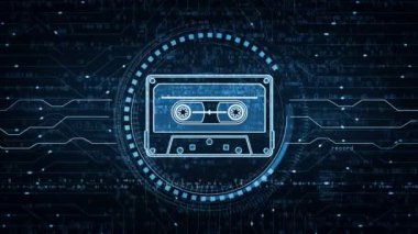 Ses kaseti 80 'lerin müzik kayıt sembolü soyut dijital konsept. Ağ, siber teknoloji ve bilgisayar arkaplanı pürüzsüz ve döngülü.
