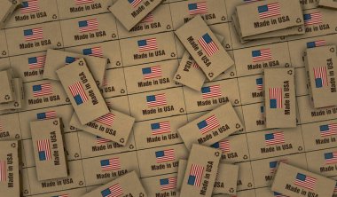 ABD yapımı kutu üretim hattı. Üretim ve teslimat. Ürün fabrikası, ithalat ve ihracat. Soyut konsept 3d illüstrasyon.