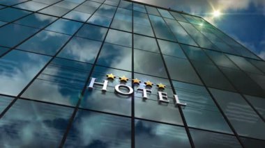 Otel kaliteli cam bina hızlandırılmış zaman döngüsü konsepti. Ön cephede 3D dikişsiz döngü üzerinde tatil gezisi konaklama sembolü.
