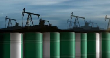 Nijerya petrol işi ve akaryakıt çıkarma varilleri sorunsuz ve geri dönüşümlü konseptte. Nijerya petrol sanayi konteynerleri.