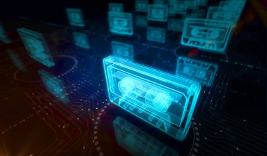 Ses kaseti 80 'lerin müzik kayıt sembolü dijital konsept. Ağ, siber teknoloji ve bilgisayar arkaplanı soyut 3D resimleme.