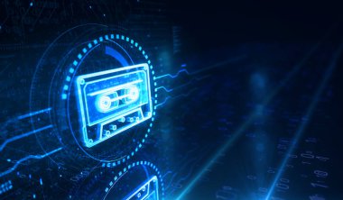 Ses kaseti 80 'lerin müzik kayıt sembolü dijital konsept. Ağ, siber teknoloji ve bilgisayar arkaplanı soyut 3D resimleme.