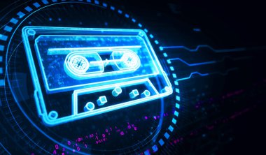 Ses kaseti 80 'lerin müzik kayıt sembolü dijital konsept. Ağ, siber teknoloji ve bilgisayar arkaplanı soyut 3D resimleme.