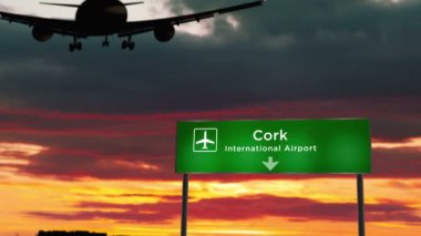 Cork, İrlanda 'ya uçak silueti iniyor. Havaalanı yön tabelasıyla ve arka planda gün batımıyla uçaklar geliyor. Seyahat, seyahat ve ulaşım 3D konsepti.