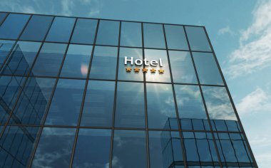 Otel kaliteli cam bina konsepti. Ön cephede tatil gezisi konaklama sembolü 3D illüstrasyon.