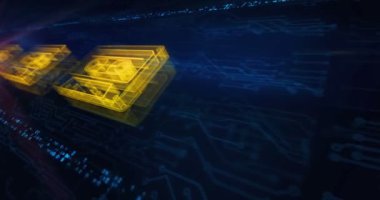 Ses kaseti 80 'lerin geçmişe ait müzik kayıt hologram sembolü elektronik devre arka planında görünüyor. Ağ, siber teknoloji ve bilgisayar soyut kavramı.