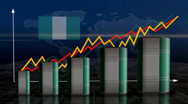 Nijerya petrol ham petrol varilleri sıra konseptinde. Nijerya petrol işi ve yakıt çıkarma endüstriyel konteynırlar 3D illüstrasyon.