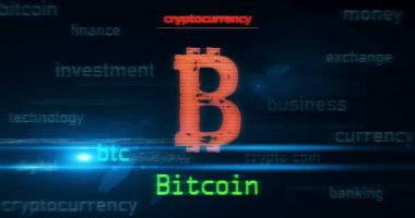 Bitcoin kripto para birimi BTC ticaret sembolü teknoloji döngüsü kavramı. Arızalı ekranlardaki soyut imza pürüzsüz ve döngülü.