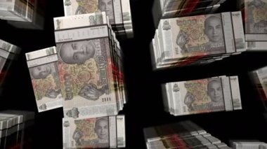 Kamboçya parası. Kamboçya riel notaları. 2000 KHR 'ın üzerinde 3D uçuş kule istifliyor. Döngüsüz, soyut iş dünyası, ekonomi krizi ve finans kavramı.