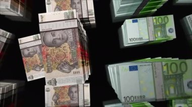 Euro ve Kamboçya parası Kamboçya isyan para değişimi. Kağıt banknotlar tomar tomar. Ticaret, ekonomi, rekabet, kriz, bankacılık ve finans kavramı. Döngüsüz 3D canlandırma notaları.