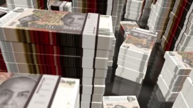 Kamboçya parası. Kamboçya riel notaları. 2000 KHR 'ın üzerinde 3D uçuş kule istifliyor. Döngüsüz, soyut iş dünyası, ekonomi krizi ve finans kavramı.