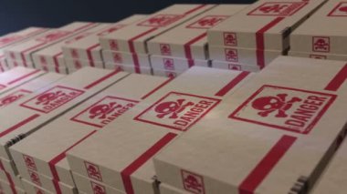 Kafatası sembolü üretim hattı tehlikesi. Zehirli madde, karton ambalaj fabrikası. Soyut kavram 3D döngüsüz dikişsiz.