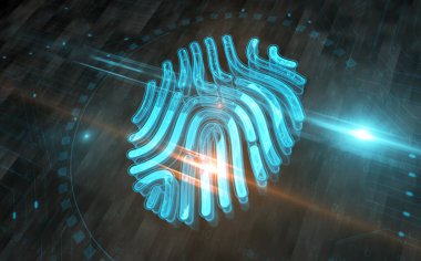 Parmak izi biyometrik kimlik erişim güvenlik sembolü dijital konsept. Ağ, siber teknoloji işareti ve bilgisayar arkaplan soyut 3d resimleme.