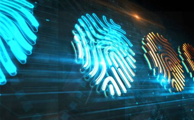 Parmak izi biyometrik kimlik erişim güvenlik sembolü dijital konsept. Ağ, siber teknoloji işareti ve bilgisayar arkaplan soyut 3d resimleme.