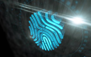 Parmak izi biyometrik kimlik erişim güvenlik sembolü dijital konsept. Ağ, siber teknoloji işareti ve bilgisayar arkaplan soyut 3d resimleme.