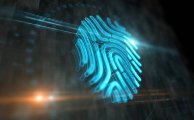 Parmak izi biyometrik kimlik erişim güvenlik sembolü dijital konsept. Ağ, siber teknoloji işareti ve bilgisayar arkaplan soyut 3d resimleme.