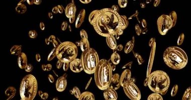 Panda Çin Yuan izole altın sikke yağmuru arka planı. Dönen altın metal sikkeler düşen döngüler soyut kavramlardır. Döngüsüz ve kusursuz animasyon.