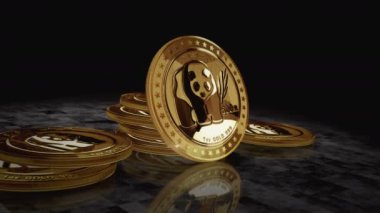 Panda Çin Yuan altın sikkesi dönüyor. Kamera 3 boyutlu metal parlaklıklar etrafında döner. Fintech, çevrimiçi ödeme ve dijital işlem soyut kavramı.