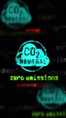 Dikey video: CO2 Nötr Sıfır emisyon ve ekoloji sembolü teknoloji döngüsü kavramı. Ekranlarda soyut işaret var. Kusursuz ve döngülü.