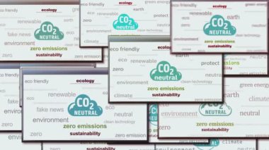 CO2 nötr sıfır emisyon ve ekoloji sembolü teknoloji döngüsü kavramı. Pencerelerde soyut tabela var. Kusursuz ve döngülü.
