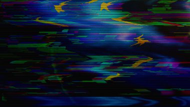 AB Avrupa Birliği dijital teknoloji bayrak siber geçmişi. Avrupa siber saldırı ve casusluk konsepti illüstrasyonu.