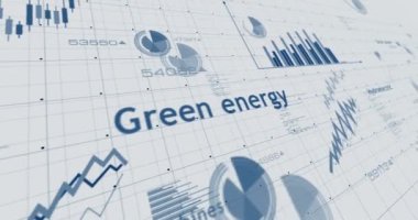 Yeşil enerji temiz güç ve sürdürülebilir ekonomi grafikleri ve grafikleri kağıt 3D animasyon üzerinde pürüzsüz ve çevrilebilir