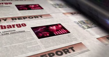 Ambargo ticaret yaptırımları ve ekonomik savaş günlük gazete rulosu basımı. Soyut konsept retro başlıklar 3d kusursuz döngülenmiş.