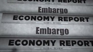 Ambargo ticaret yaptırımları, ekonomik savaş eskitilmiş haber ve gazete baskıları. Soyut konsept retro başlıklar 3d siyah ve beyaz.