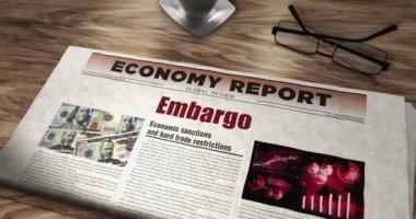 Ambargo ticaret yaptırımları ve ekonomik savaş gazetesi masada. Manşetler soyut kavram 3D.